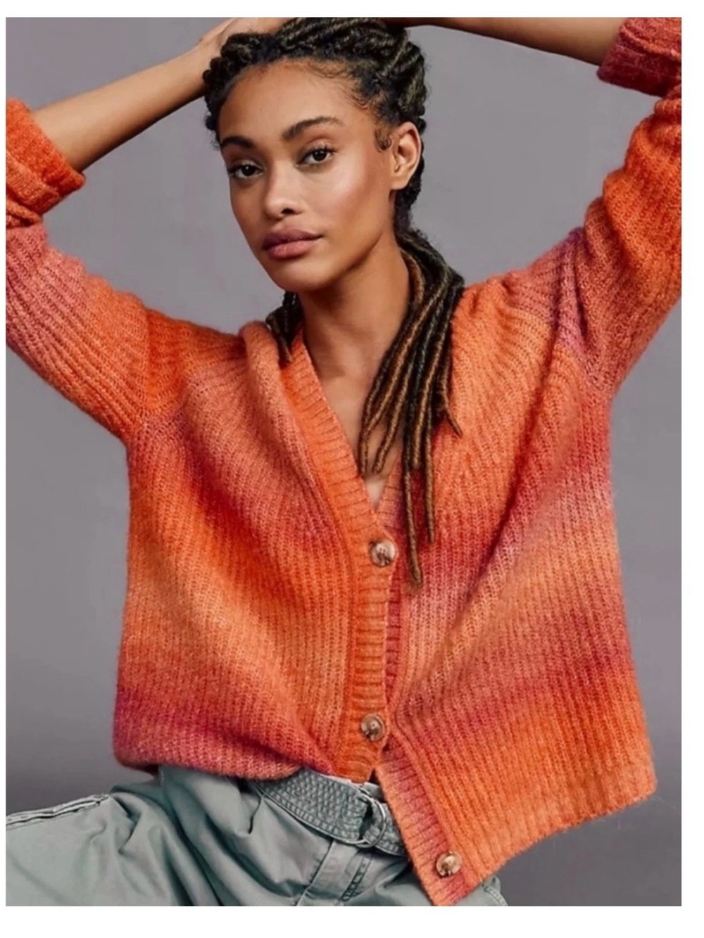 Maeve Hallie Anthropology Ombre Orange Button-Front V-Neck Cardigan Sweater